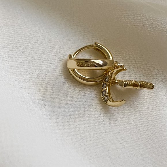 Gold S925 Northern Star Moon Huggie Hoop Earrings - Picture 4 of 9